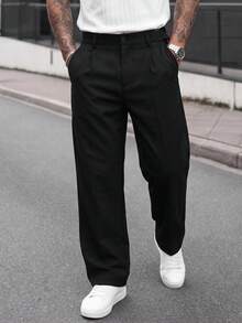 Manfinity CasualCool 男士素色百褶口袋直筒寬鬆休閒百搭長褲 - 黑色 - 查看 3