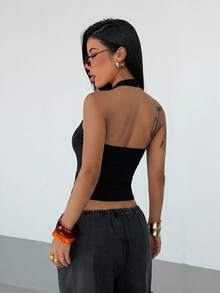 Fiercella Fiercella 女款春夏黃色V領數位大學印花街頭風休閒細肩帶背心，適合度假、音樂節，Y2K辣妹2000年代風格 - 黑色 - 查看 2