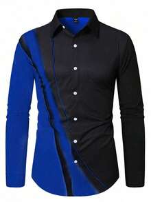 Manfinity Mode Men Color Block Patchwork Shoulder Button Front Long Sleeve Shirt, Formal - Black - View 3