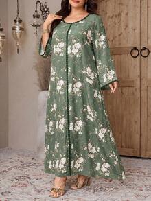 Al Najma Plus Size Women's Green Floral Print Arabian Dress - Multicolor - View 4