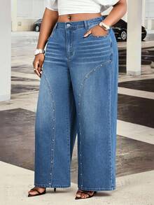 Slaydiva Plus Size Women's All Season Split Rivet Pocket Dark Blue Denim Jeans - Dark Wash - View 4