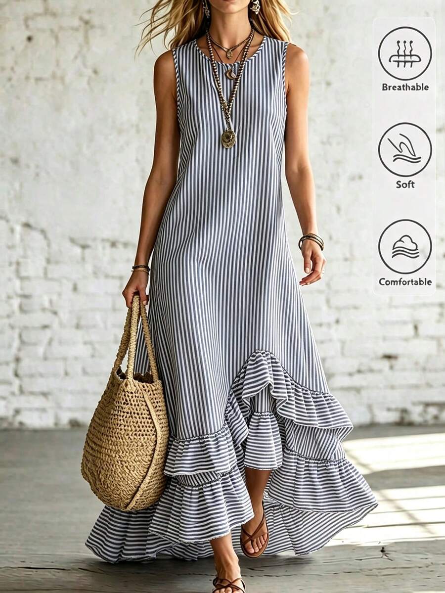 SHEIN Holidaya Women's Summer Blue And White Vertical Striped Sleeveless Asymmetrical Ruffle Hem Dress