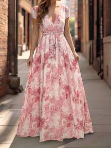 SHEIN LUNE Blue Floral Print High Waist Romantic Elegant A-Line Short Sleeve Midi Dress For Women - Multicolor - View 6