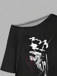 SHEIN EZwear 字母图案不对称下摆 T 恤 - 彩色 - 查看 3