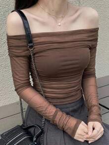 DAZY Women's Elastic Mesh Sheer One-Shoulder Top, Spring/Summer Off The Shoulder Going Out Tops - Rust Brown - View 7
