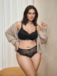 Bralution Lace Push-Up Lift Comfortable Plus Size Lingerie Set - Black - View 3