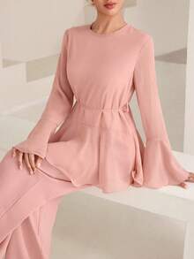 Graceveil Dusty Pink Round Neck Flared Sleeve Loose Fit Skirt, Women's 2 Pieces Set For Daily Wear Brunch Autumn Modest Elegant Brunch Tea Party - Pink - View 1