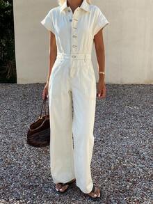 Livesso Women's Long Denim Overalls And Jumpsuit With Collar And Cinched Waist - White - View 4