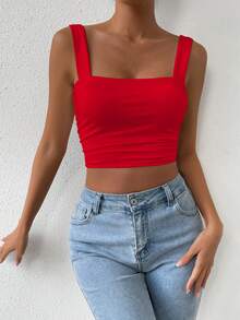 Allurite Top corto fruncido con tirantes anchos de unicolor para el verano - Rojo - Ver 4