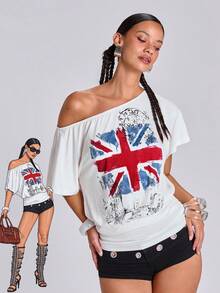 ACID BLVD Summer Y2K Street Style Hot Girl Vintage British Flag Print Pocket Waist-Cinched Loose T-Shirt - White - View 9