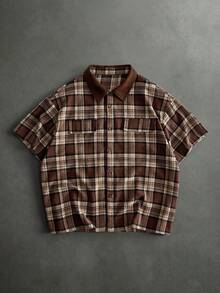 Manfinity RebelGame Men's Plus Size Plaid Single-Breasted Casual Everyday Short Sleeve Shirt - Brown - View 6