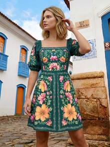 CAJUNI Women's Vacation Floral Print Square Neck Short Puff Sleeve Elegant Dress - Dark Green - View 1