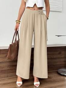 Easowa Asymmetrical Waistband Button Detail, Pleated Waist, Wide Leg High Waist Long Pants, Casual Elegant Autumn Women's Office Bar Party Khaki - Khaki - View 5