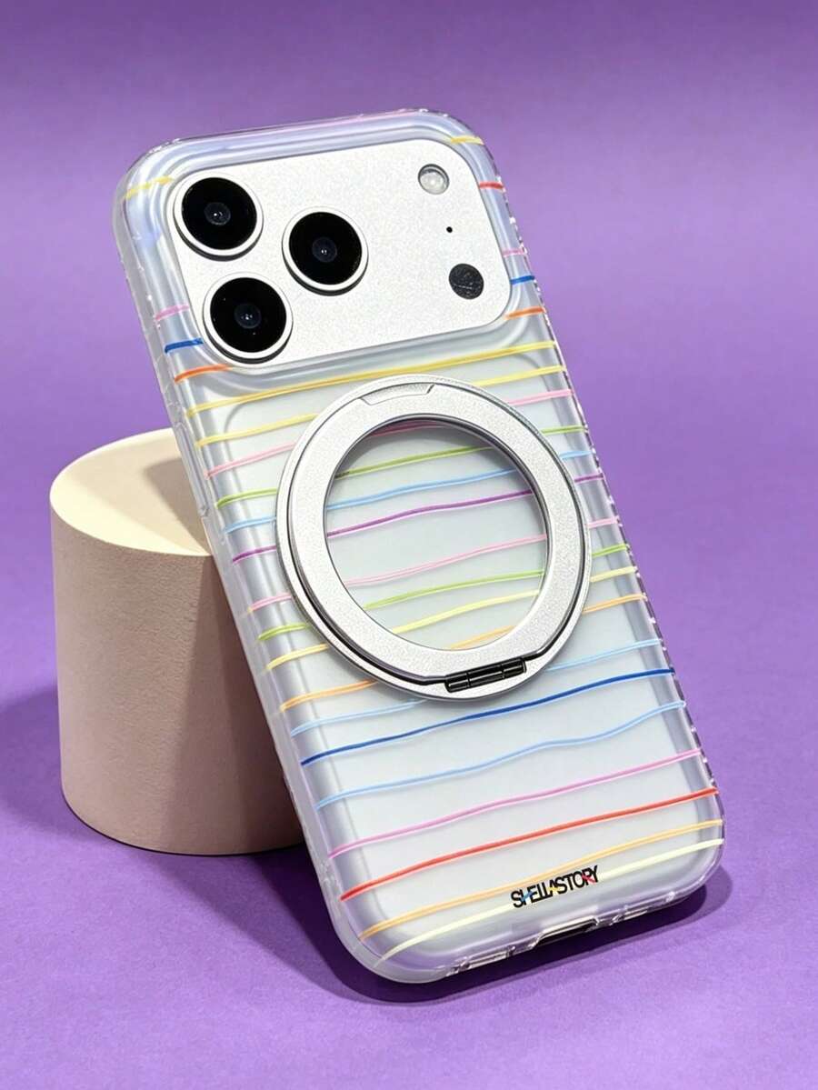 ShellaStory Süße bunte Streifen 360° drehbarer Halter Ständer Handyhülle kompatibel mit iPhone 17 Pro Max 17 Pro 17 16 Pro Max 16 Pro 16 15 Pro Max 15 Pro 15 14 Pro Max 14 Pro 14 einfache transparente Schutzhülle - Farbige Streifen - Übersicht 1