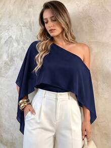 Elegantrix Women's Plus Size Spring Summer Autumn Minimalist Elegant French Style Commute Date Asymmetric Hem Waist-Cinching Asymmetric Neck Cape Top - Royal Blue - View 4
