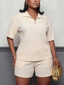 Slaydiva Plus Size Women's Solid Color Short Sleeve Top And Shorts Casual Everyday Set Formal Holiday White Summer - Apricot - View 9