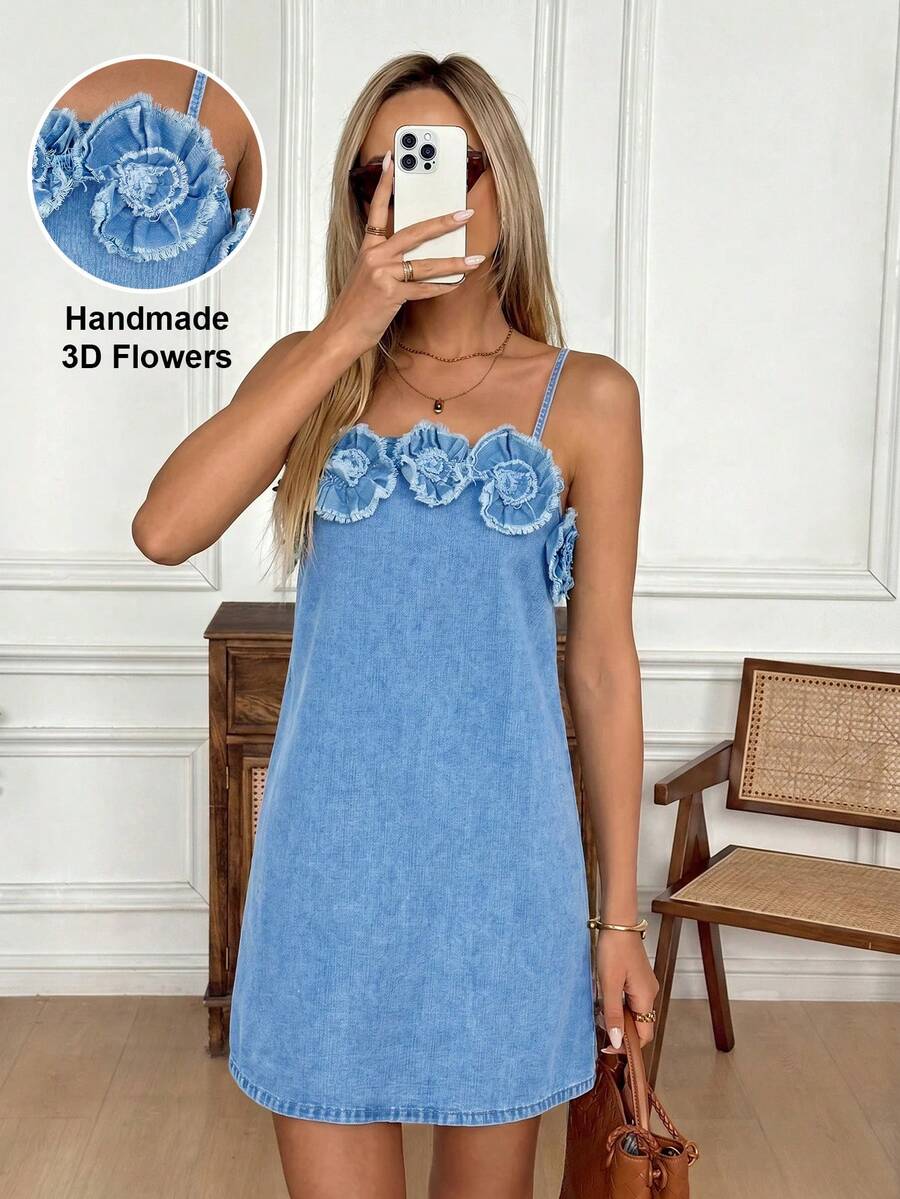 Easowa Women's Flower Decor Spaghetti Strap Denim Dress, Elegant Cute, Vacation, Holiday, Festival, Casual, Commuter, Party Brunch, Autumn, Date, Light Blue - Black - View 1