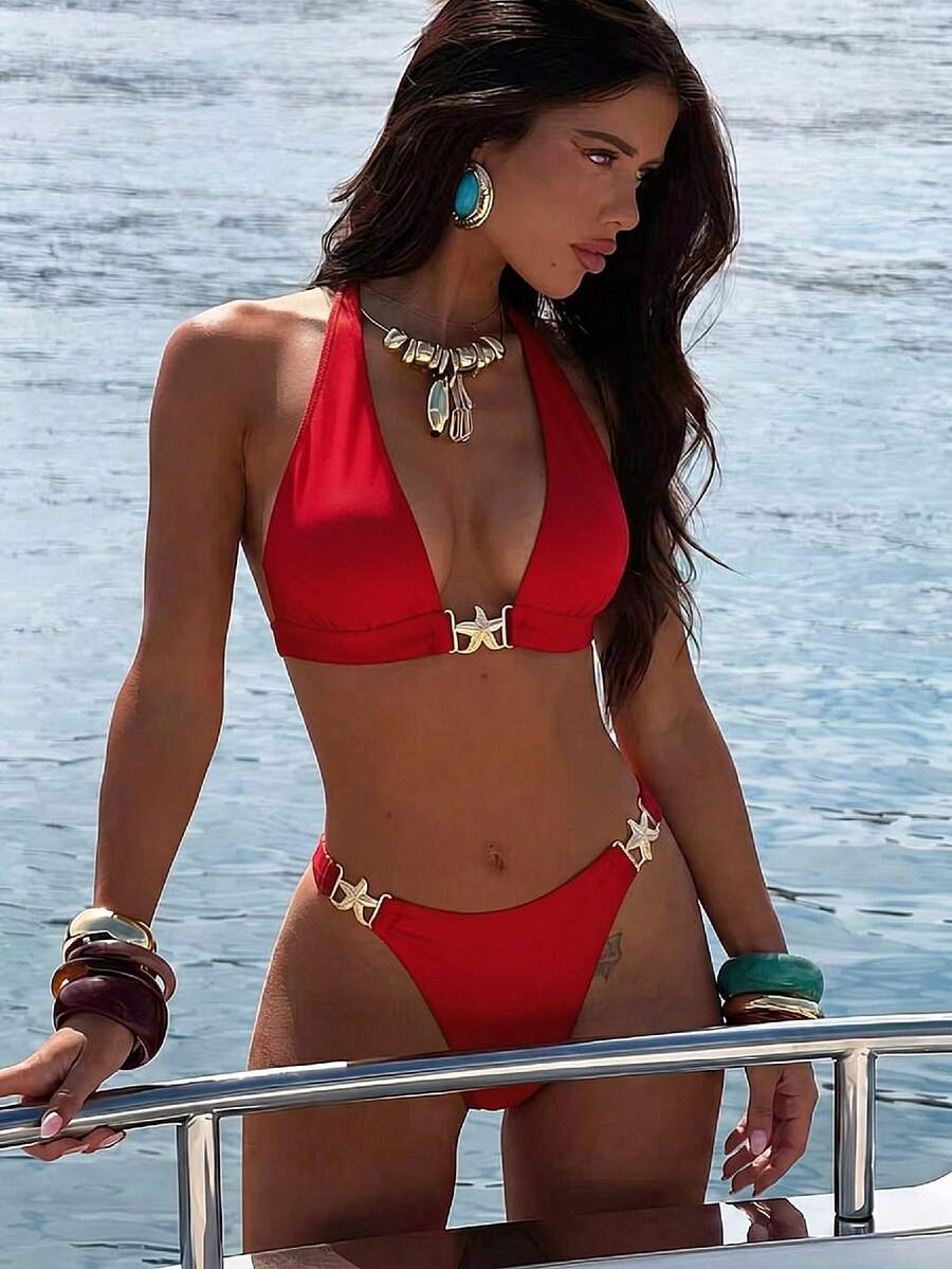 Swim Vcay 新款女款純色比基尼套裝,掛脖綁帶露背海星裝飾高腰三角褲兩件式泳衣,適合海灘度假 - 紅色 - 查看 1