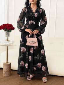 Modelyn 女款蕾絲拼接花卉印花休閒派對長洋裝 - 彩色 - 查看 1