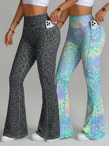 Velisys Velisys Seamed Colorful Leopard Print Flare Leg Pants (With Pockets) - Multicolor - View 1