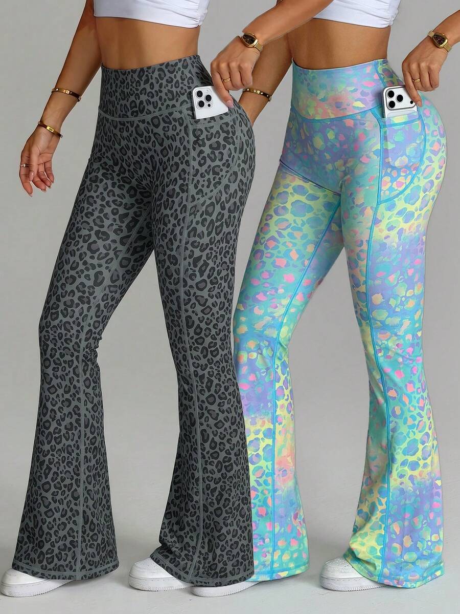 Velisys Velisys Seamed Colorful Leopard Print Flare Leg Pants (With Pockets) - Multicolor - View 1