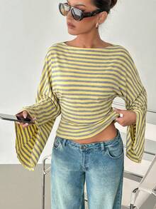 Siren Gaze Retro Striped Boat Neck Loose Top | Batwing Sleeve Slimming Cropped Top - Casual Vacation/Everyday Style - Green - View 7