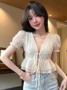 Joudiya 女款夏季白色蕾絲歐根紗荷葉邊開襟襯衫，休閒街頭婚禮風收腰繫帶短袖上衣 - 白色 - 查看 3