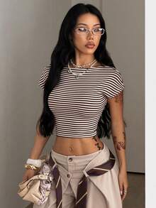 Coolane Women's Summer Streetwear Casual Country Concert Sexy Chic Stretchy White And Brown Striped Backless Tops Club Club Night Night Out - Brown - View 3
