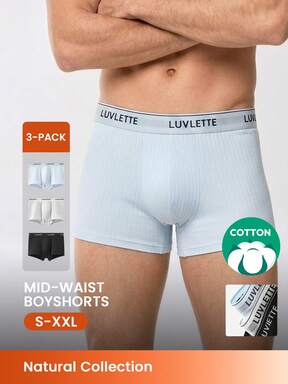 LUVLETTE 3-Pack Cotton Mid Rise Printed Letter Webbing Men's Boxer Briefs-Black