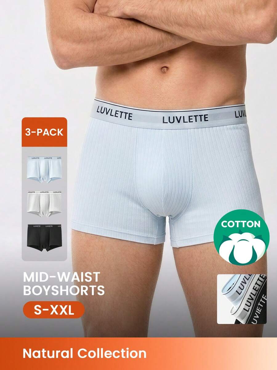LUVLETTE 3-Pack Cotton Mid Rise Printed Letter Webbing Men's Boxer Briefs-Black - Multicolor - View 1