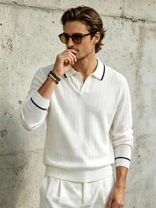 TONEVAULT Men's Autumn Casual Color Block Trim Sweater - White - View 2