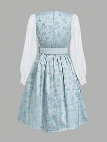 Fairmaia German Traditional Women's Lace Patchwork Waist Tie Casual Party Dress Charming Light Blue Dirndl Dress With Long Sleeves And Waist Tie For Women - Blue - View 9