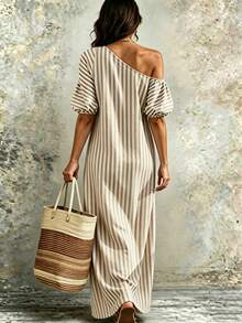 Linhara CURVE Plus Size Women's Asymmetrical Neck Fashion White Long Casual Boho Bohemian Dress Vacation Brunch Summer Beach - Khaki - View 2