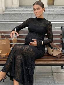 MaterniWear 孕婦蕾絲性感收腰洋裝,適合外出穿著 - 黑色 - 查看 3