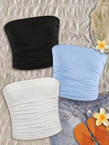 Girlism Teen Girl Solid Color Black/White/Blue Ruched Cropped Camisole - Blue - View 4