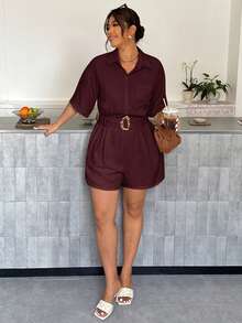 Firerie Plus Size Women's Solid Color Metal Decor Connected Casual Everyday Romper - Burgundy - View 7