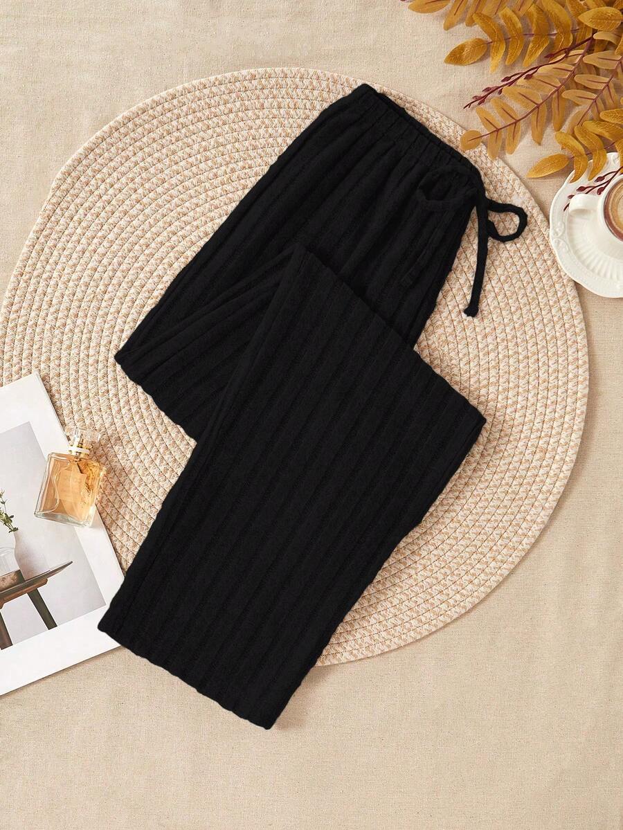 Women's Solid Color Brushed Ribbed Lounge Pants - Black - View 1