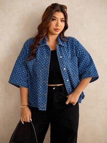 SHEIN PETITE CURVE Plus Size Casual Traditional Washed Textured Denim Top, Commuter, Date Formal Vacation, Party, Summer, Holiday, Festival - White - View 6