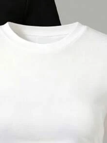 SHEIN 女童白色與黑色2件組短版T恤套裝，休閒極簡經典百搭，適合春夏秋冬，完美適用於外出與街頭穿搭，四季百搭 - 彩色 - 查看 3