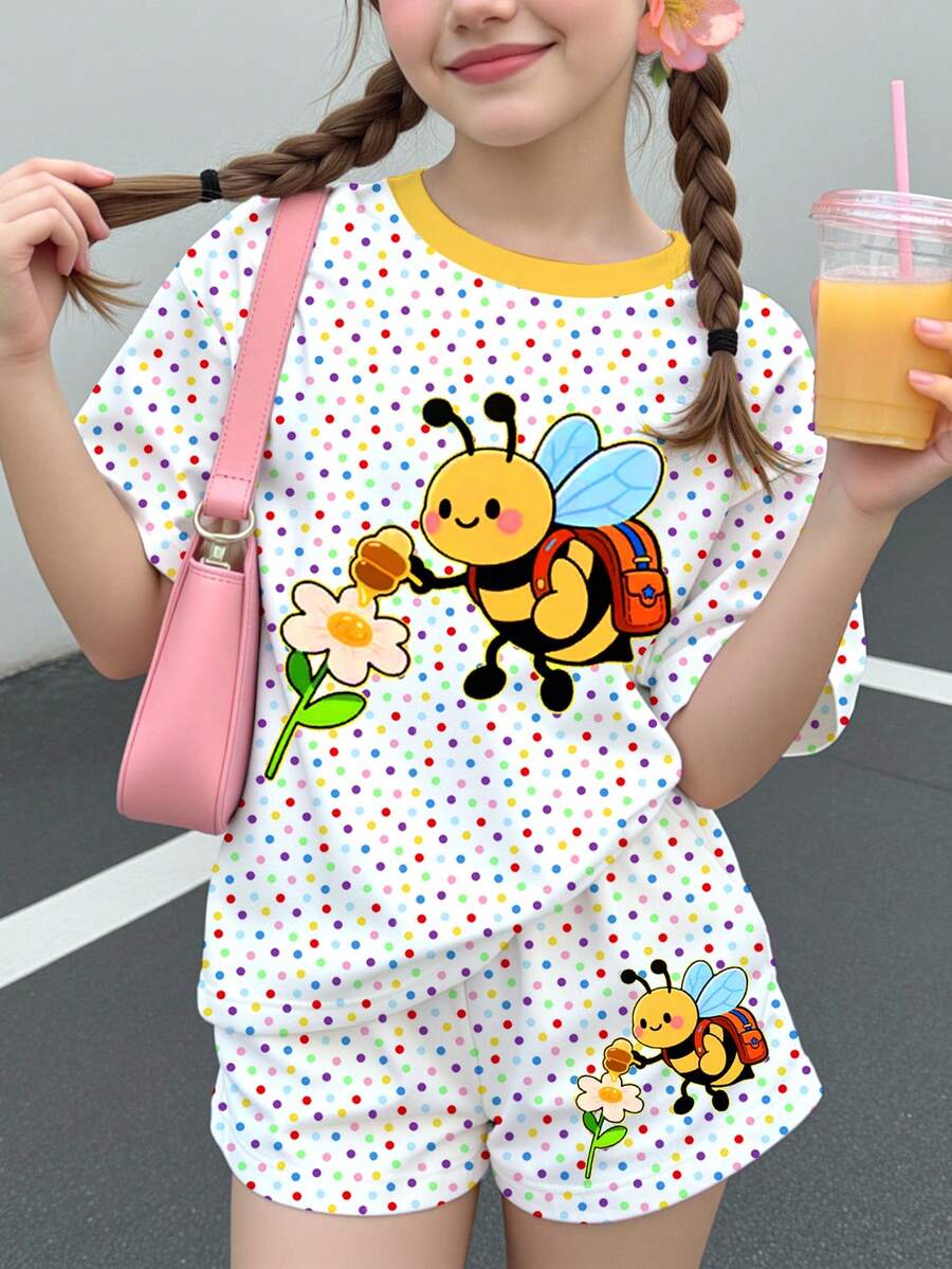 女童休閒極簡可愛蜜蜂圖案彩色波點印花甜美奶油風度假風短袖上衣+短褲兩件套,適合夏季,圖案舒適女孩套裝,Y2K,Kawaii - 彩色 - 查看 1