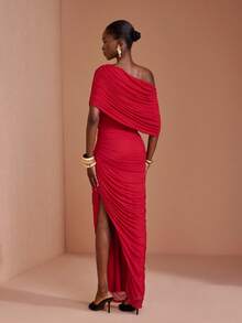JIAN LASALA Red Mesh Ruched Side Slit Short Sleeve One Shoulder Long Dress Vacation Party Elegant - Red - View 2