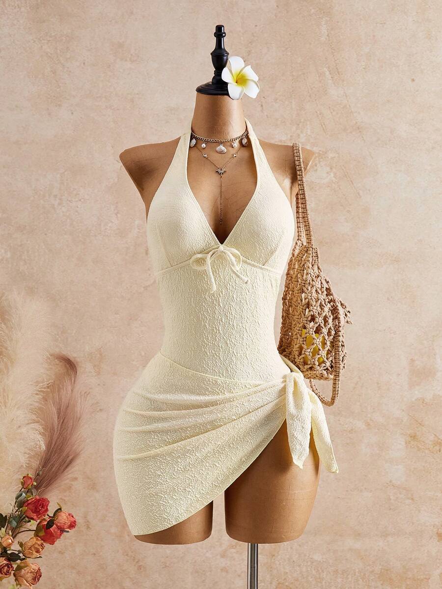 Bellisia 2026 Spring/Summer New Yellow Solid Color Textured Fabric Tie Decor Women's One-Piece Two Pieces Set Sexy Casual Style Rock Y2K Beach Outfit Beach - Pale Yellow - View 1