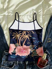 INAWLY Women's Casual Versatile Daily Wear Camisole Top With Coconut Tree & Floral Print - White - View 2