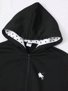 SHEIN Teen Girls Fall Outfits Fall Tops Fall 3pcs/Set Round Neck Teenager Set, Hooded Long Sleeve Zip-Up Sweatshirt With Pony Graphic On Chest - Black - View 6