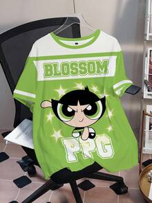 THE POWERPUFF GIRLS X SHEIN 大尺碼女款圓領字母卡通印花休閒日常夏季T恤 - 白色 - View 1