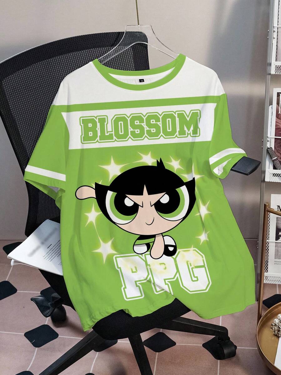 THE POWERPUFF GIRLS X SHEIN 大尺碼女款圓領字母卡通印花休閒日常夏季T恤 - 白色 - View 1