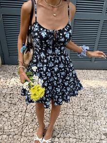 Serisse Women's Floral Print Front Tie Strap Mini Dress For Vacation Vacation Black Floral Summer Boho - Multicolor - View 6
