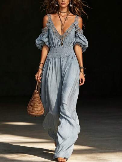 LUMIGAL Women's Fashion Design Waist-Cinching Lace Sexy Off-Shoulder Jumpsuit