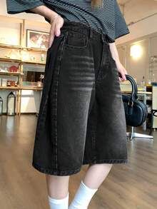 DAZY 女款休閒百搭牛仔短褲，附口袋與鈕扣，適合日常穿著 - 黑色 - 查看 4