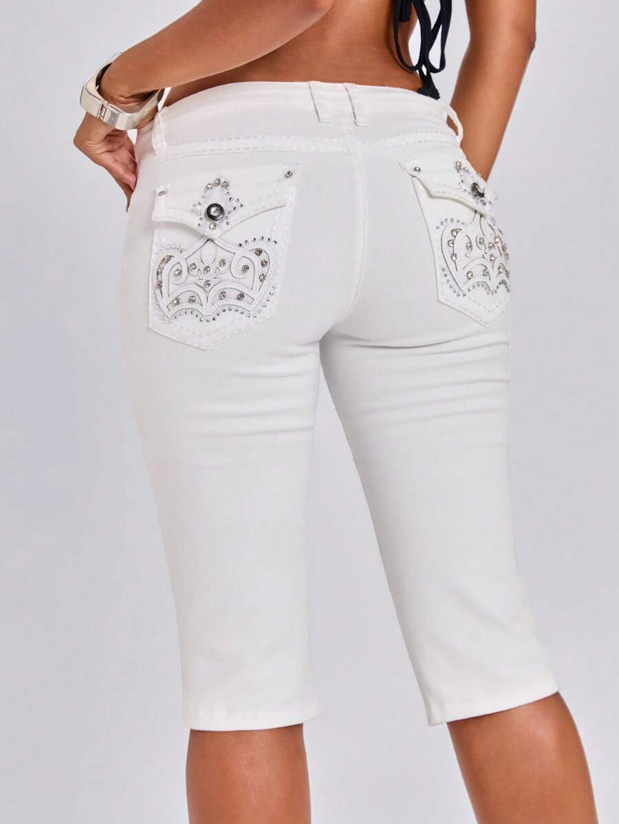 ROMWE Grunge Punk Summer Outfits Vintage Embroidered Rhinestone Sexy Y2K Ultra Low Waist White Tight Denim Shorts - White - View 1
